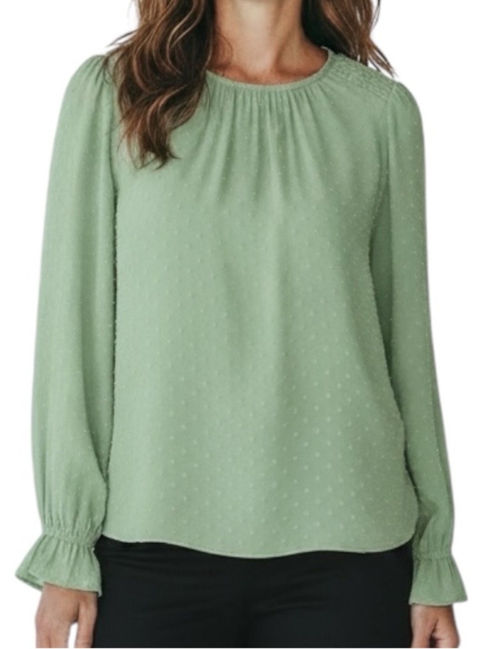 NWT JESSICA SIMPSON Green Textured Long Sleeve Pleated Neck Blouse Size Large